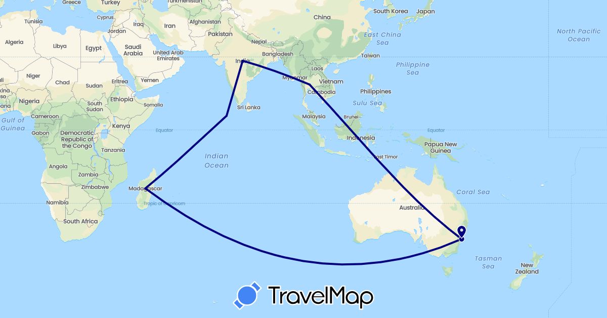 TravelMap itinerary: driving in Australia, India, Madagascar, Maldives, Thailand (Africa, Asia, Oceania)